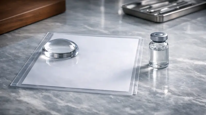 Blank lab-report sleeve under glass weight — reading expert findings