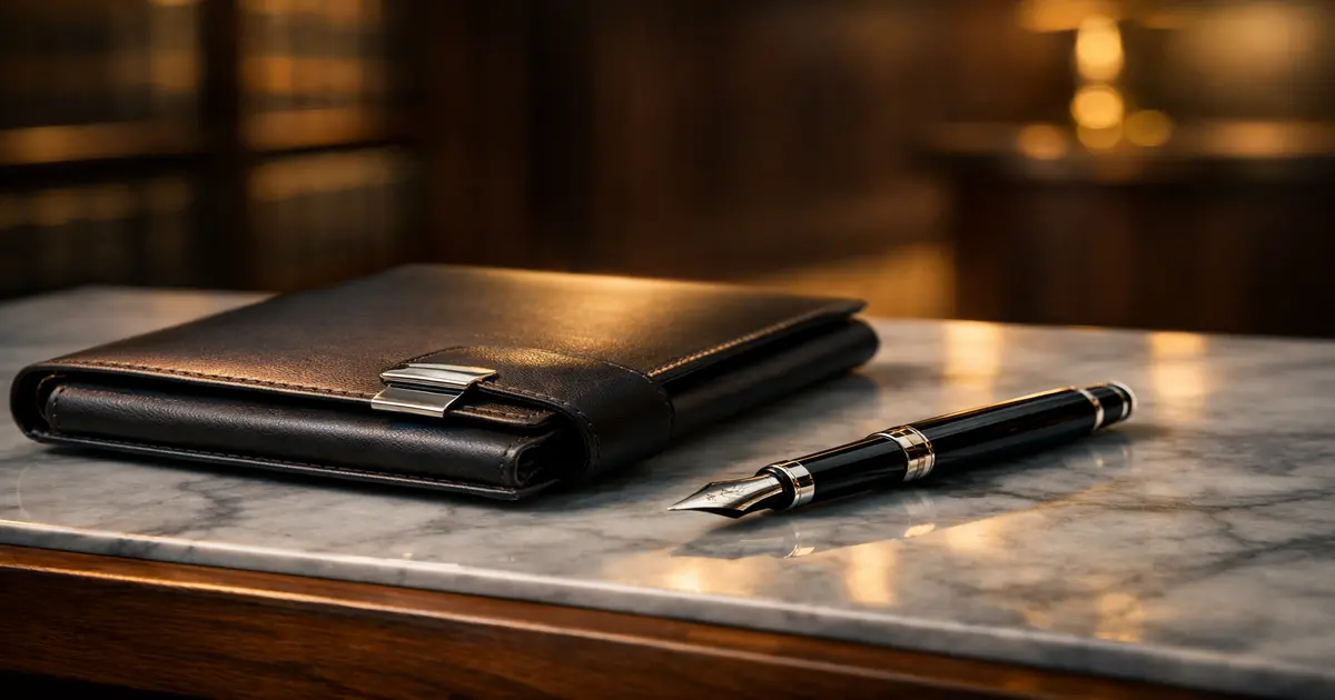 Consultation dossier and pen on marble