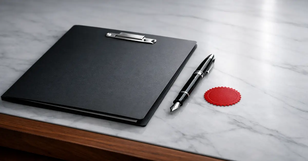 Sealed commercial-contract folder and silver pen on marble — Abu Dhabi drafting
