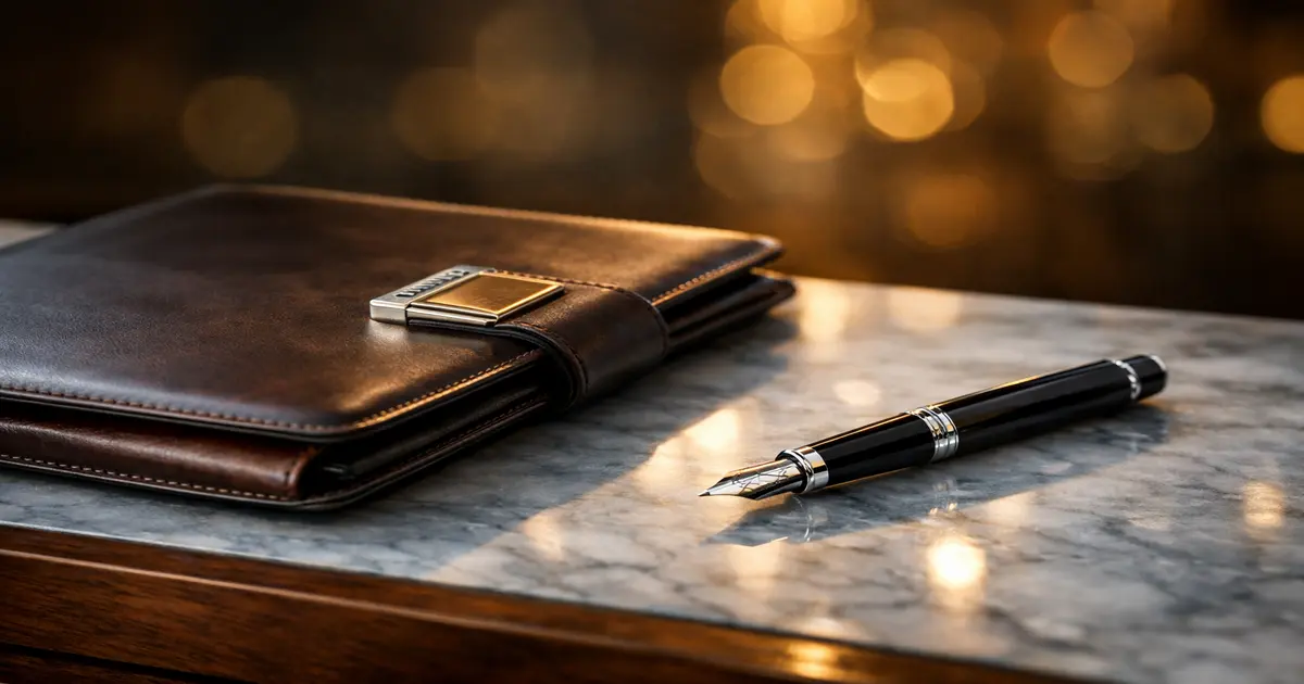 Consultation dossier and pen on marble