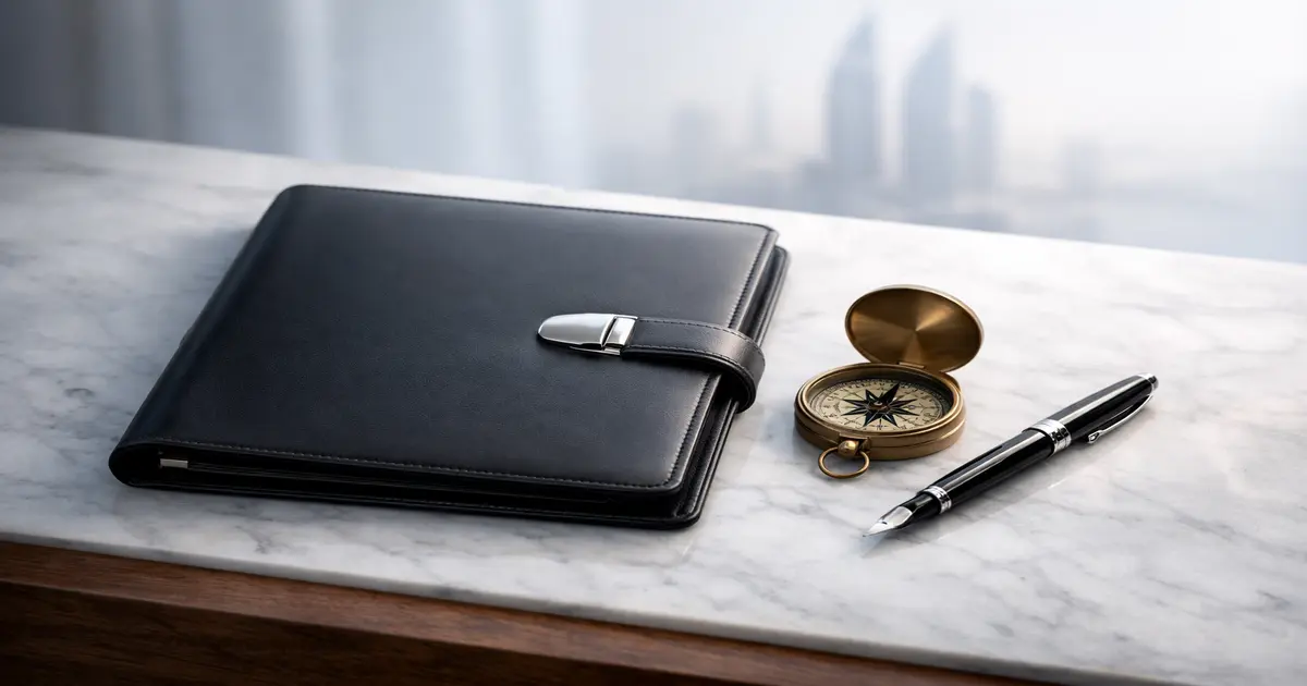Cross-border agreement folder and brass compass on marble — Dubai metaphor