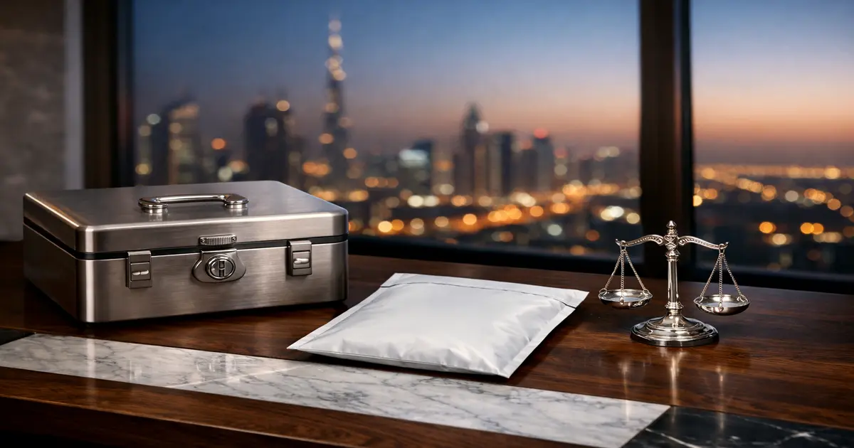 Lockbox, sealed pouch and miniature scales — Dubai personal-status metaphor